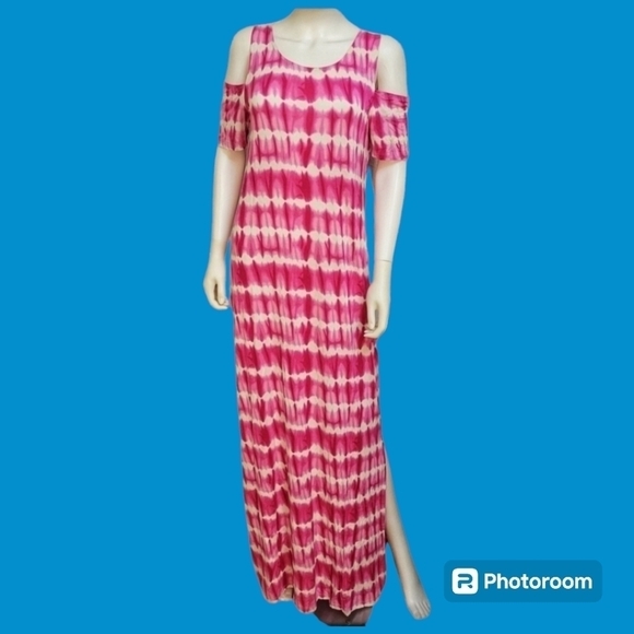 3/$30 DESIGN HISTORY Hot Pink Shibori Cold Shoulder Beach Resort Maxi Dress - Picture 1 of 6